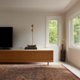 A 12x20 feet living room featuring a stylish TV unit on the shorter wall. The room exhibits contemporary furniture, a plush rug, sidelights, and a balanced blend of comfort and modern aesthetics.