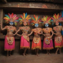 Visualize a vibrant bar themed around 'diablicos sucios', a traditional Panamanian dance. The bar should incorporate elements such as vivid masks, wardrobe pieces, and rustic instruments of the 'diablicos sucios' environment, as well as relevant cultural iconography.