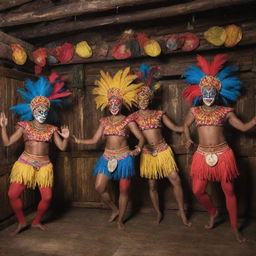 Visualize a vibrant bar themed around 'diablicos sucios', a traditional Panamanian dance. The bar should incorporate elements such as vivid masks, wardrobe pieces, and rustic instruments of the 'diablicos sucios' environment, as well as relevant cultural iconography.