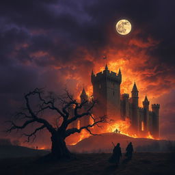 An eerie and intense scene depicting the end of a grand, ancient castle engulfed in flames, shadows dancing against the stone walls