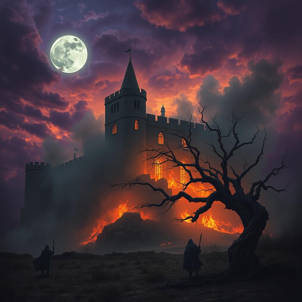 An eerie and intense scene depicting the end of a grand, ancient castle engulfed in flames, shadows dancing against the stone walls