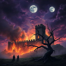 An eerie and intense scene depicting the end of a grand, ancient castle engulfed in flames, shadows dancing against the stone walls