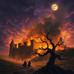 An eerie and intense scene depicting the end of a grand, ancient castle engulfed in flames, shadows dancing against the stone walls