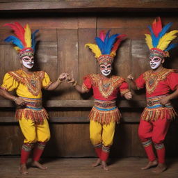 Visualize a vibrant bar themed around 'diablicos sucios', a traditional Panamanian dance. The bar should incorporate elements such as vivid masks, wardrobe pieces, and rustic instruments of the 'diablicos sucios' environment, as well as relevant cultural iconography.