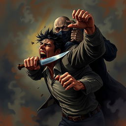 A dramatic and intense scene illustrating a person in a chaotic moment, lunging forward as they stab through themselves with a knife, reaching out to stab another figure behind them