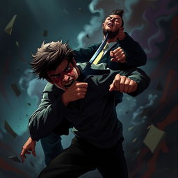 A dramatic and intense scene illustrating a person in a chaotic moment, lunging forward as they stab through themselves with a knife, reaching out to stab another figure behind them