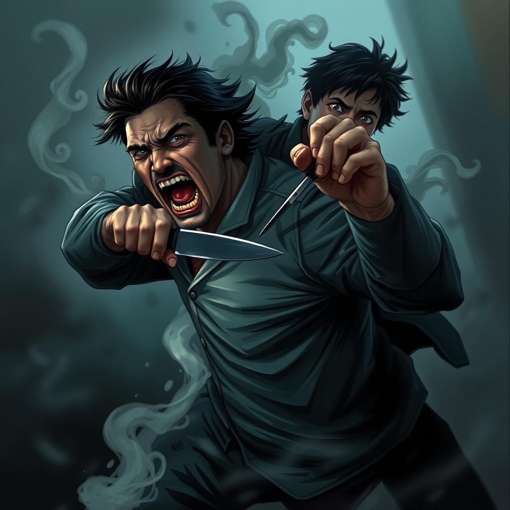 A dramatic and intense scene illustrating a person in a chaotic moment, lunging forward as they stab through themselves with a knife, reaching out to stab another figure behind them