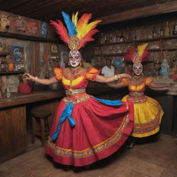 Visualize a vibrant bar themed around 'diablicos sucios', a traditional Panamanian dance. The bar should incorporate elements such as vivid masks, wardrobe pieces, and rustic instruments of the 'diablicos sucios' environment, as well as relevant cultural iconography.