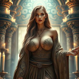 A stunning and alluring priestess with big breasts, exuding sensuality and mystique