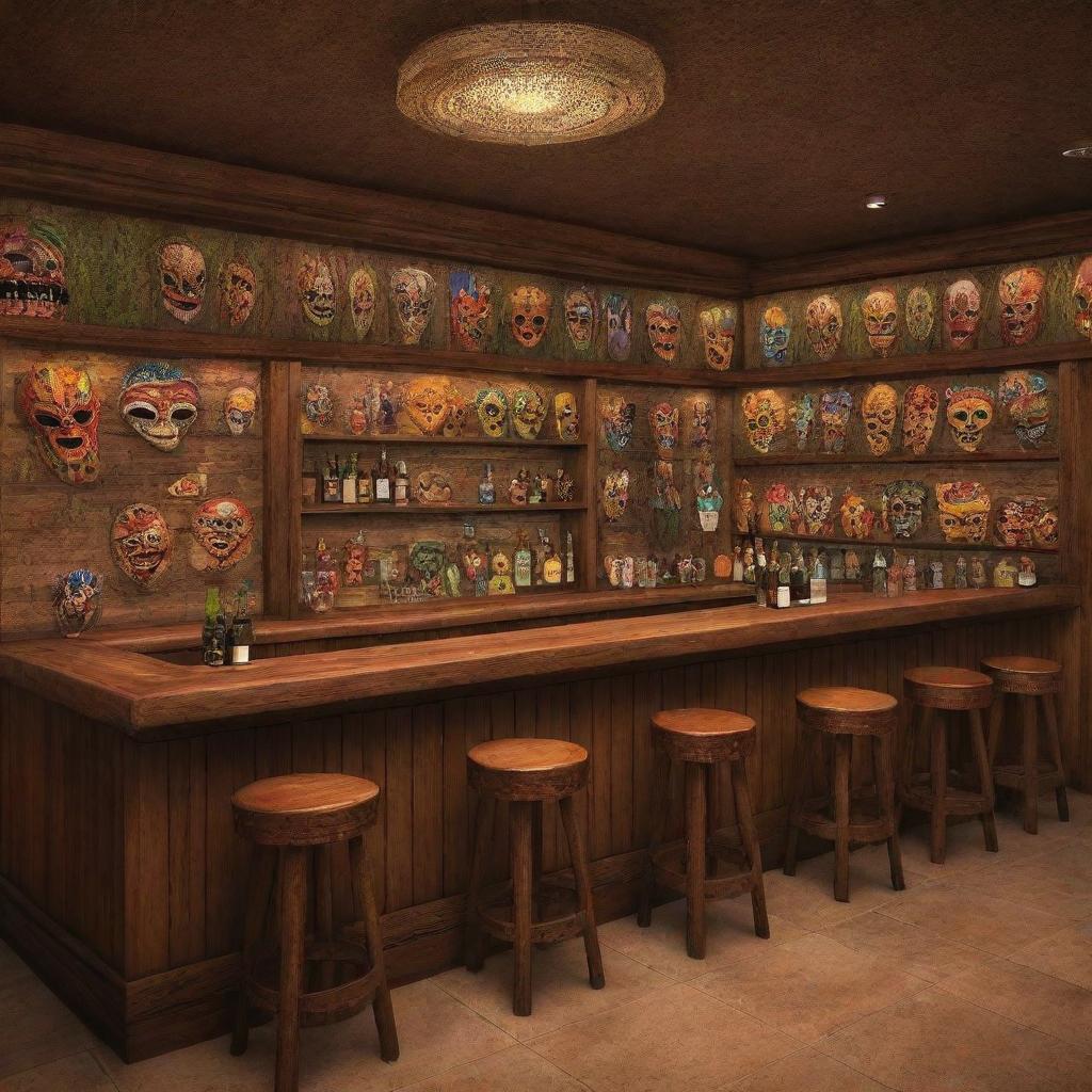 Generate an image of a lively bar themed around 'diablicos sucios', a traditional Panamanian dance. It should feature prominent mask designs, costumes, and cultural symbols, with traditional instruments hung up around the room and rustic, warm lights.