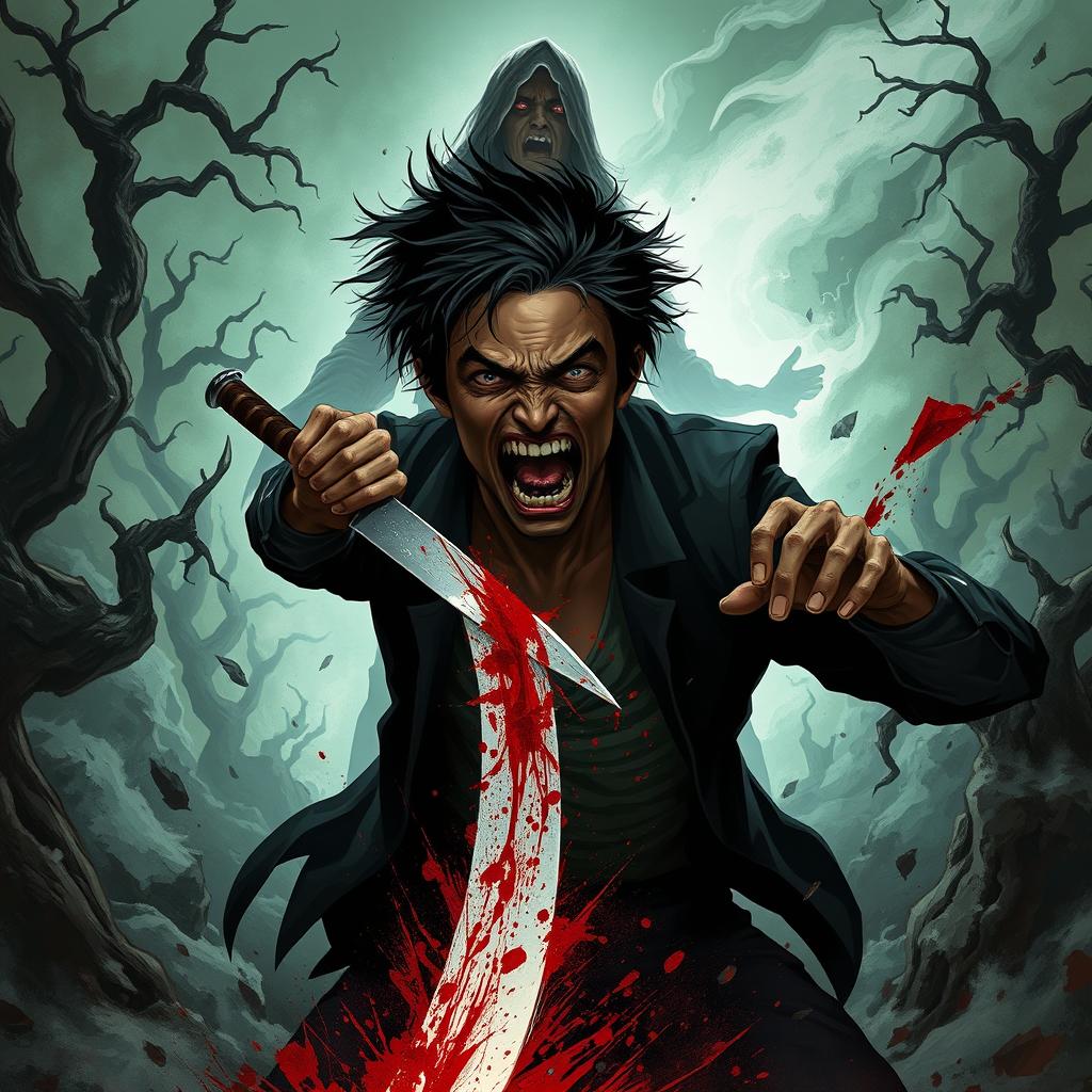 A dynamic dark fantasy illustration showcasing a person in the throes of a chaotic moment, fiercely stabbing through their own body with a jagged blade to reach another figure positioned behind them