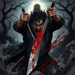 A dynamic dark fantasy illustration showcasing a person in the throes of a chaotic moment, fiercely stabbing through their own body with a jagged blade to reach another figure positioned behind them