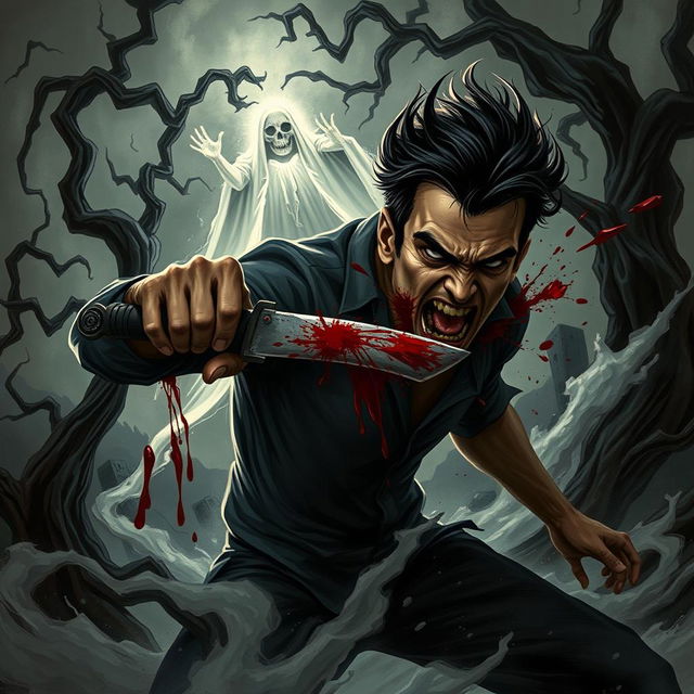 A dynamic dark fantasy illustration showcasing a person in the throes of a chaotic moment, fiercely stabbing through their own body with a jagged blade to reach another figure positioned behind them