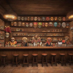 Generate an image of a lively bar themed around 'diablicos sucios', a traditional Panamanian dance. It should feature prominent mask designs, costumes, and cultural symbols, with traditional instruments hung up around the room and rustic, warm lights.