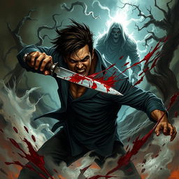 A dynamic dark fantasy illustration showcasing a person in the throes of a chaotic moment, fiercely stabbing through their own body with a jagged blade to reach another figure positioned behind them