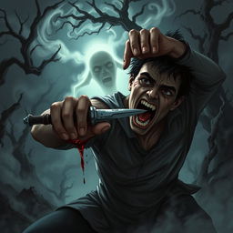 A dynamic dark fantasy illustration depicting a person fiercely stabbing themselves with a shard of glass to reach a shadowy figure lurking behind them