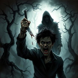 A dynamic dark fantasy illustration depicting a person fiercely stabbing themselves with a shard of glass to reach a shadowy figure lurking behind them