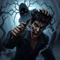 A dynamic dark fantasy illustration depicting a person fiercely stabbing themselves with a shard of glass to reach a shadowy figure lurking behind them