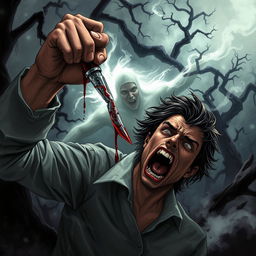 A dynamic dark fantasy illustration depicting a person fiercely stabbing themselves with a shard of glass to reach a shadowy figure lurking behind them