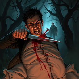 A dynamic dark fantasy illustration capturing the intense moment of a person stabbing themselves through the torso with a sharp blade in a desperate attempt to reach and stab another figure behind them