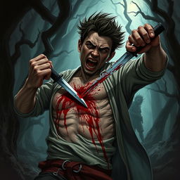 A dynamic dark fantasy illustration capturing the intense moment of a person stabbing themselves through the torso with a sharp blade in a desperate attempt to reach and stab another figure behind them