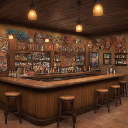 Generate an image of a lively bar themed around 'diablicos sucios', a traditional Panamanian dance. It should feature prominent mask designs, costumes, and cultural symbols, with traditional instruments hung up around the room and rustic, warm lights.