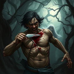 A dynamic dark fantasy illustration capturing the intense moment of a person stabbing themselves through the torso with a sharp blade in a desperate attempt to reach and stab another figure behind them