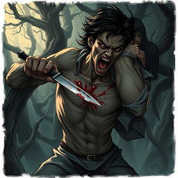 A dynamic dark fantasy illustration capturing the intense moment of a person stabbing themselves through the torso with a sharp blade in a desperate attempt to reach and stab another figure behind them