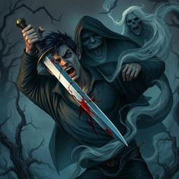 A dynamic dark fantasy illustration depicting a person tragically stabbing themselves in the chest with a long, wicked blade, driving it to the hilt in a desperate act to pierce the figure behind them