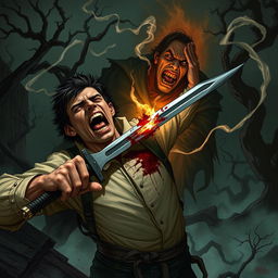 A dynamic dark fantasy illustration depicting a person tragically stabbing themselves in the chest with a long, wicked blade, driving it to the hilt in a desperate act to pierce the figure behind them