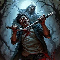 A dynamic dark fantasy illustration depicting a person tragically stabbing themselves in the chest with a long, wicked blade, driving it to the hilt in a desperate act to pierce the figure behind them