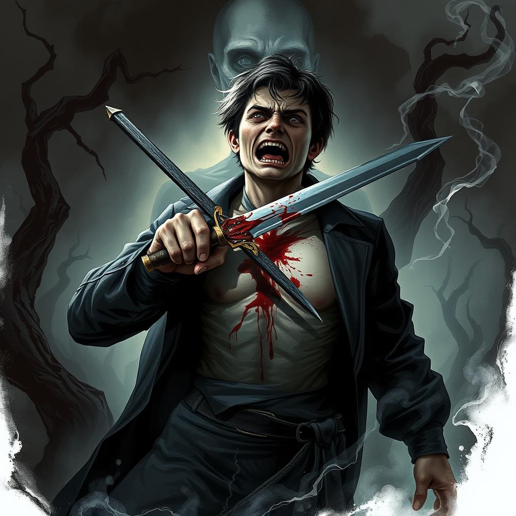 A dynamic dark fantasy illustration depicting a person tragically stabbing themselves in the chest with a long, wicked blade, driving it to the hilt in a desperate act to pierce the figure behind them