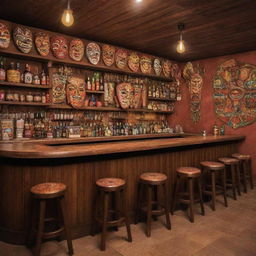 Generate an image of a lively bar themed around 'diablicos sucios', a traditional Panamanian dance. It should feature prominent mask designs, costumes, and cultural symbols, with traditional instruments hung up around the room and rustic, warm lights.