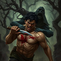 A dynamic dark fantasy illustration capturing the intense scene of a person stabbing themselves in the chest with a jagged blade, driven by desperation to pierce the figure grappling them from behind