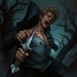 A dynamic dark fantasy illustration capturing the intense scene of a person stabbing themselves in the chest with a jagged blade, driven by desperation to pierce the figure grappling them from behind