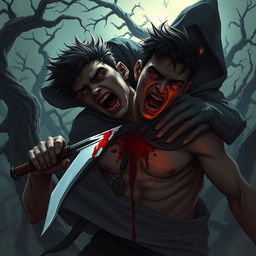 A dynamic dark fantasy illustration capturing the intense scene of a person stabbing themselves in the chest with a jagged blade, driven by desperation to pierce the figure grappling them from behind