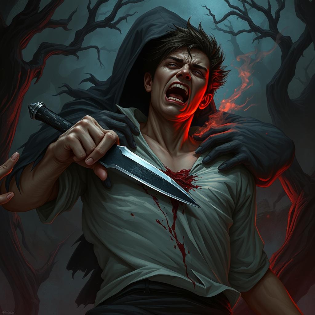 A dynamic dark fantasy illustration capturing the intense scene of a person stabbing themselves in the chest with a jagged blade, driven by desperation to pierce the figure grappling them from behind