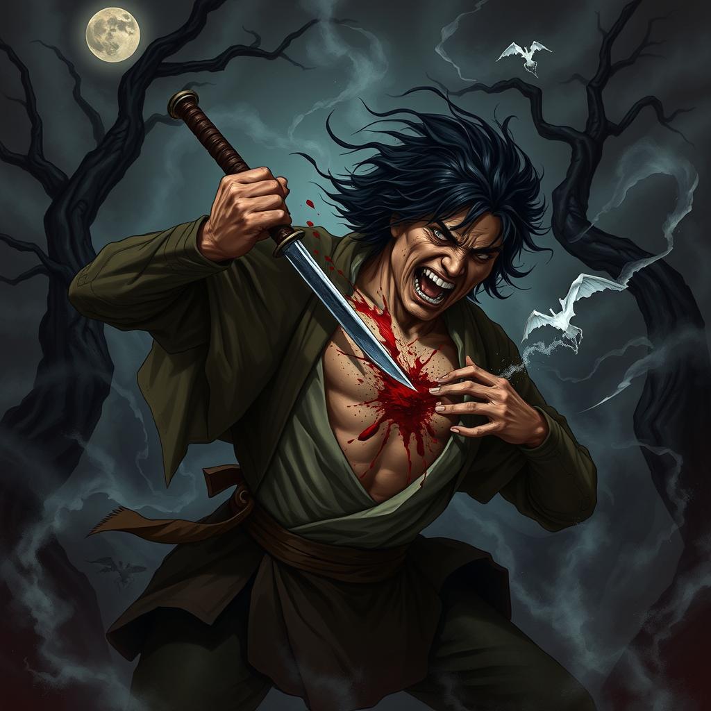 A dramatic dark fantasy illustration depicting a person performing seppuku, ramming a blade through their own chest as a desperate act to stab the figure grappling them from behind