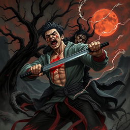 A dramatic dark fantasy illustration depicting a person performing seppuku, ramming a blade through their own chest as a desperate act to stab the figure grappling them from behind