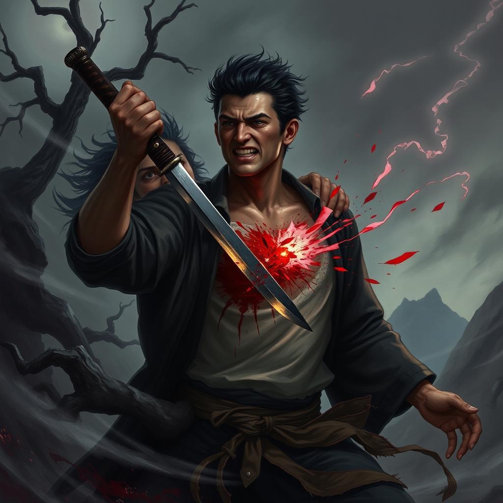 A dramatic dark fantasy illustration depicting a person performing seppuku, ramming a blade through their own chest as a desperate act to stab the figure grappling them from behind