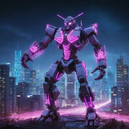 An electrifying electropunk mecha, constructed with neon-lit wires and plasma conduits, pulsing with raw energy, surrounded by a dynamic cityscape of high-voltage towers and sparking power lines.