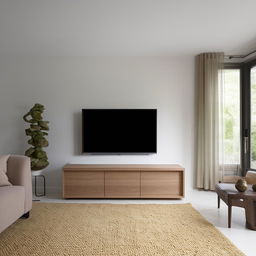 A 12x20 feet living room featuring a stylish TV unit on the shorter wall. The room exhibits contemporary furniture, a plush rug, sidelights, and a balanced blend of comfort and modern aesthetics.