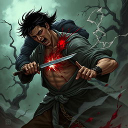 A dramatic dark fantasy illustration depicting a person performing seppuku, ramming a blade through their own chest as a desperate act to stab the figure grappling them from behind