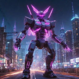 An electrifying electropunk mecha, constructed with neon-lit wires and plasma conduits, pulsing with raw energy, surrounded by a dynamic cityscape of high-voltage towers and sparking power lines.