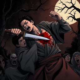 A dark illustration depicting the intense moment of a person ramming a blade through their chest in a desperate act of seppuku, aiming to stab the figure grappling them from behind