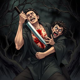 A dark illustration depicting the intense moment of a person ramming a blade through their chest in a desperate act of seppuku, aiming to stab the figure grappling them from behind