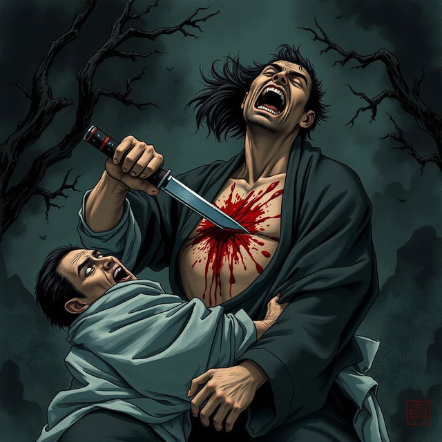 A dark illustration depicting the intense moment of a person ramming a blade through their chest in a desperate act of seppuku, aiming to stab the figure grappling them from behind