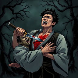 A dark illustration depicting the intense moment of a person ramming a blade through their chest in a desperate act of seppuku, aiming to stab the figure grappling them from behind