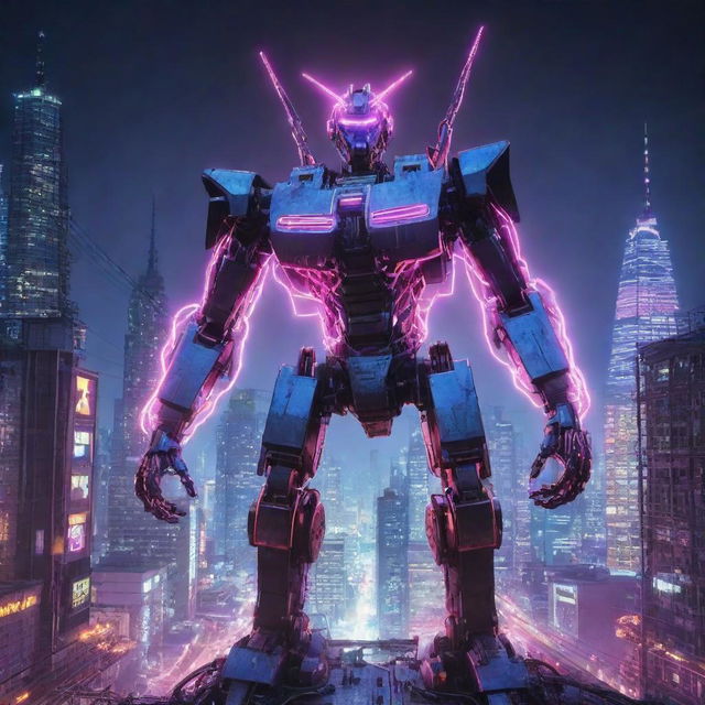 An electrifying electropunk mecha, constructed with neon-lit wires and plasma conduits, pulsing with raw energy, surrounded by a dynamic cityscape of high-voltage towers and sparking power lines.