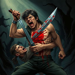 A powerful dark illustration depicting the intense moment of a person ramming a blade all the way through their own chest in a desperate act of sacrifice to stab the figure grappling them from behind